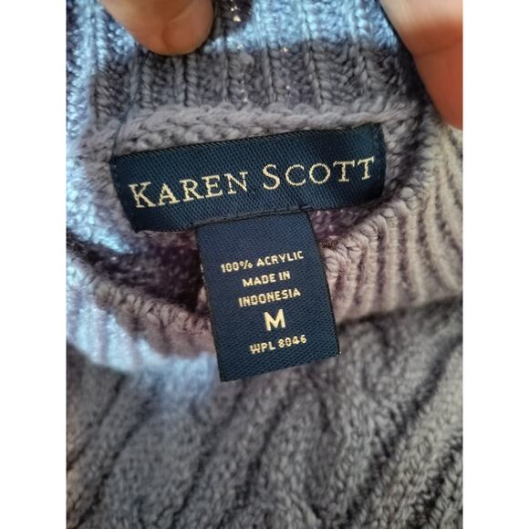 3448) Karen Scott Purple Heather Cable Knit Mock Neck Pearl Button Sweater Sz M - Picture 6 of 7